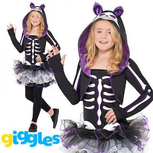    Girls Skeleton Cat Costume & Tutu & Hood Scary Halloween Fancy Dress Outfit