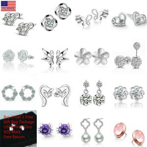 Women Fashion 925 Sterling Silver Crystal Rhinestone Elegant  Ear Stud Earrings